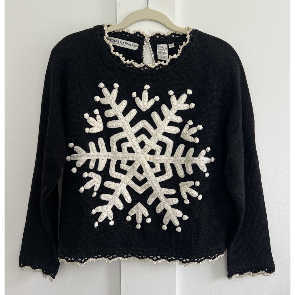 Michael Simon Black White Snowflake Embroidered Cardigan Sweater Small Holiday